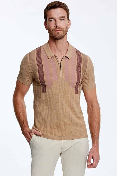 Hemington Micro Patterned Pure Cotton Sand Color Knitwear Polo