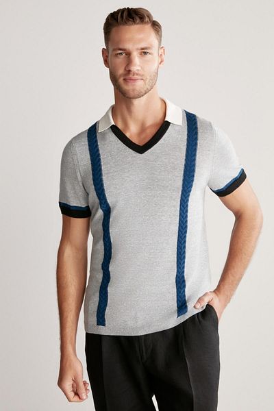 Hemington Linen Cotton Blend Pattern Blue Knitwear Polo