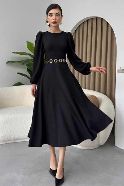 barış sülün lovebox Women's Atlas Fabric Crew Neck Long Sleeve Black Midi Flared Evening Dress 280