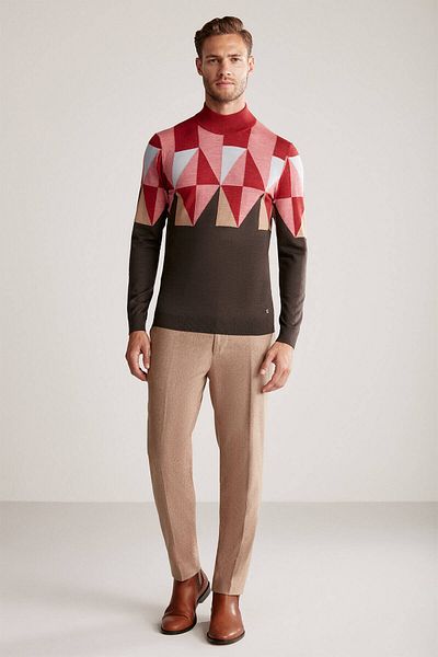 Hemington Patterned Brown-Pink Half Turtleneck Merino Wool Sweater
