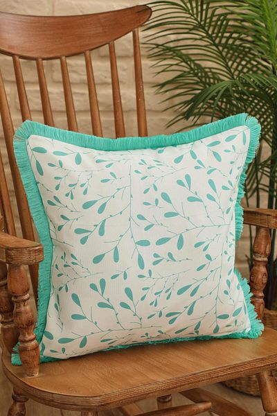 Aisha's Design Water Green Little Leaf Patterned Throw Pillow Cover - 45X45 Cm, Fringed Edge, K-407