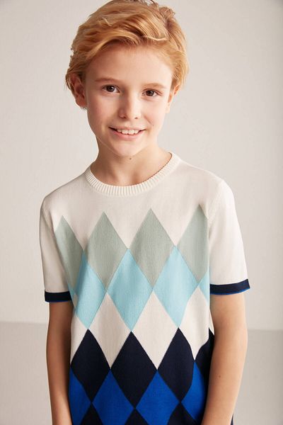 Hemington Argyle Pattern Blue-White Giza Cotton Kids Knitwear T-Shirt