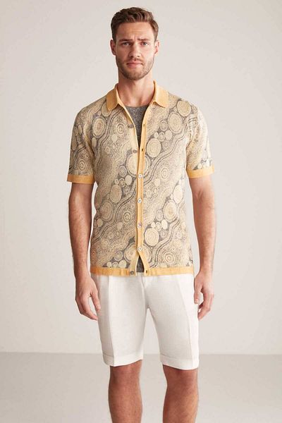 Hemington Linen Blend Button Detailed Yellow-Black Short Sleeve Shirt