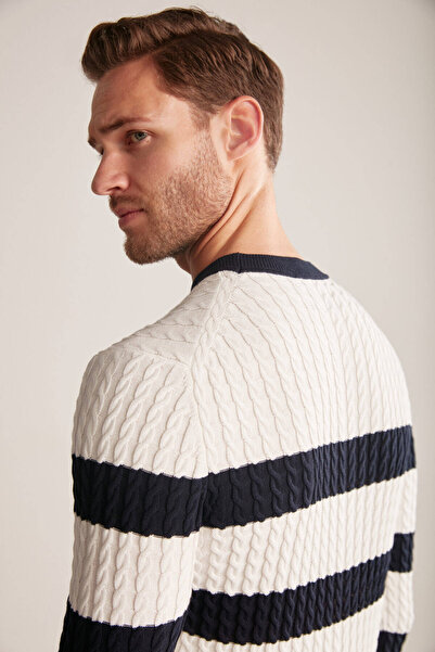 Hemington Saç Örgü Desenli Lacivert Beyaz Ince Yazlık Triko