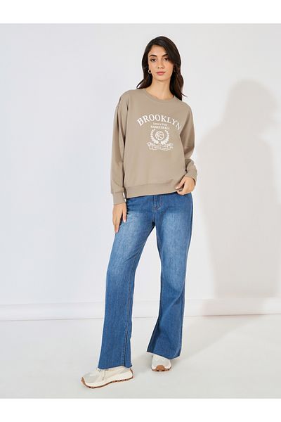 Styli Regular Fit Longline Graphic Sweatshirt with Neck Rib Detail