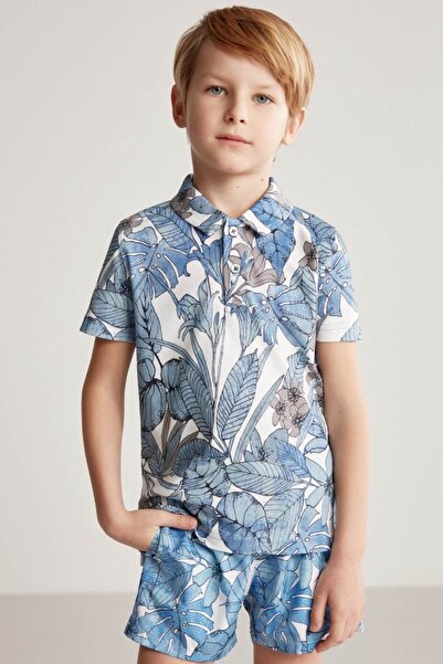 Hemington Flower Pattern Blue Polo Neck Children's T-Shirt