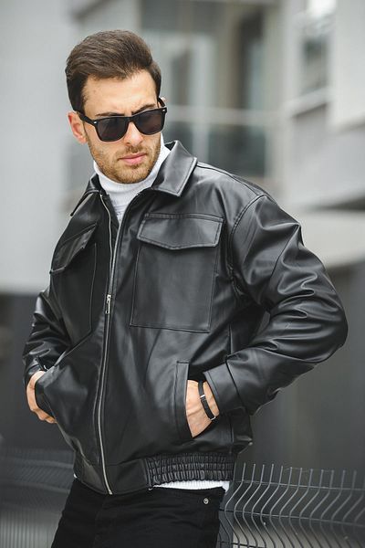 Oksit Ανδρικό δερμάτινο μπουφάν Arsenio Double Pocket Covered Oversize