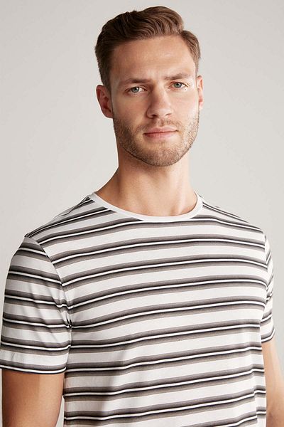 Hemington White Gray Striped Crew Neck Pure Cotton T-Shirt