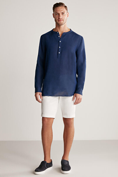 Hemington Pure Linen Navy Blue Judge Collar Shirt