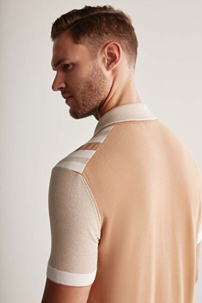 Hemington Zipper Detailed Line Pattern Cream Color Knitwear Polo