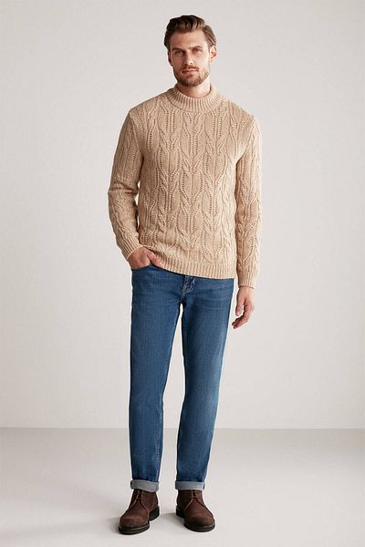 Hemington Hair Braid Pattern Camel Merino Wool Sweater