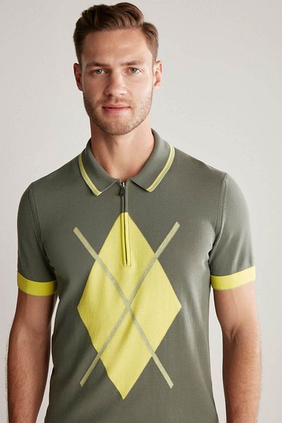 Hemington Patterned Zipper Detailed Khaki Knitwear Polo