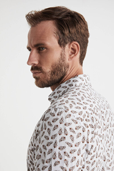 Hemington Şal Desenli Beyaz-Kırmızı Saf Pamuk Gömlek