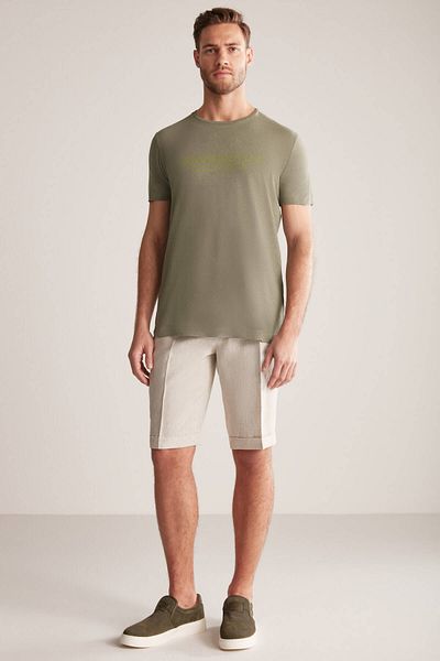 Hemington Printed Linen Cotton Blended Khaki T-Shirt