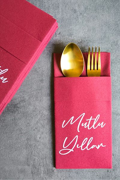 NapkinStore Claret Red Happy Birthday Printed Napkin Pocket 12 Pieces 40*40 1/8 Fold