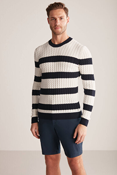 Hemington Saç Örgü Desenli Lacivert Beyaz Ince Yazlık Triko