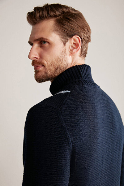 Hemington Baklava Pattern High-Necked Pure Cashmere Navy Blue Sweater