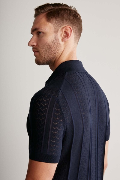 Hemington Navy Blue Knitwear Polo with Openwork Knit Detail