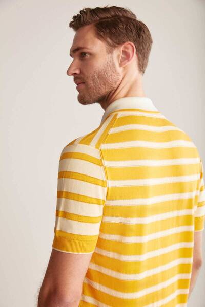 Hemington Zipper Detailed Stripe Pattern Yellow Knitwear Polo