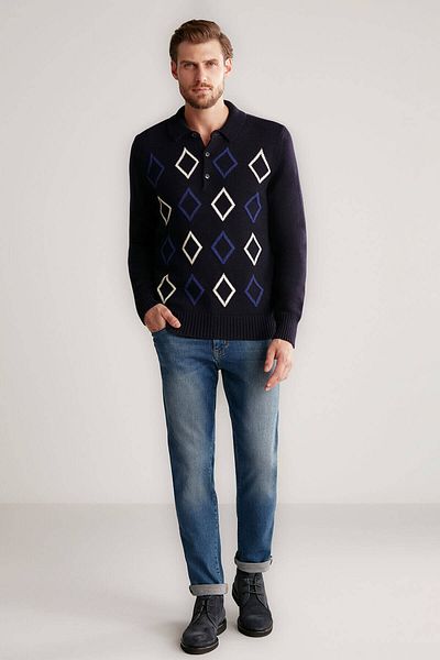 Hemington Baklava Pattern Polo Neck Lambswool Navy Blue Sweater