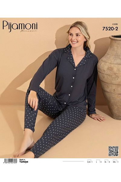 Pijamoni طقم بيجامة بأكمام طويلة وأزرار أمامية من قماش ميلانو