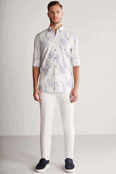 Hemington Patterned Linen Cotton Blended White Sports Shirt