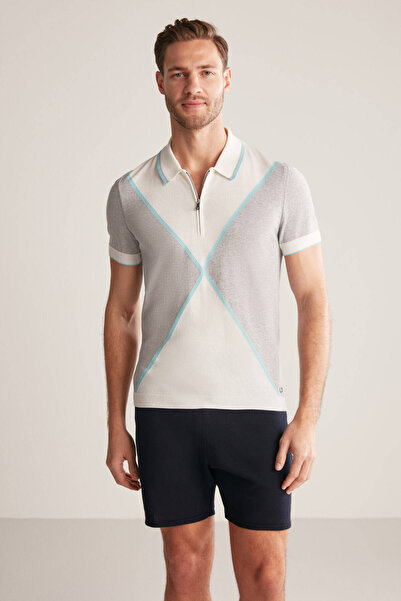 Hemington Zipper Detailed White-Grey Knitwear Polo