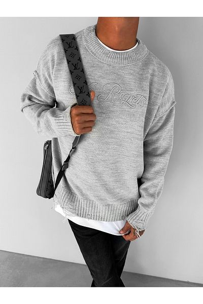 ablukaonline Men's Oversize Embroidered Round Collar Cotton Sweater Gray
