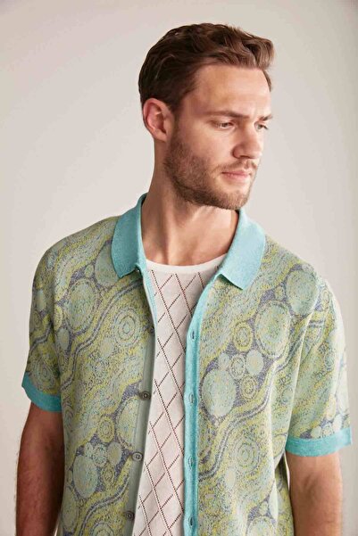 Hemington Linen Blend Button Detail Green-Blue Short Sleeve Shirt