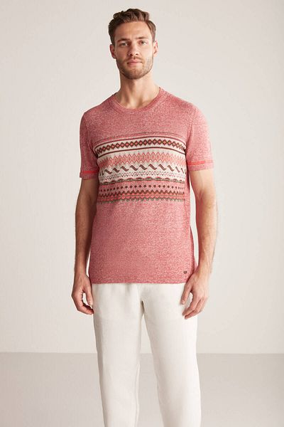 Hemington Linen Cotton Blend Ethnic Pattern Burgundy Knitwear T-Shirt