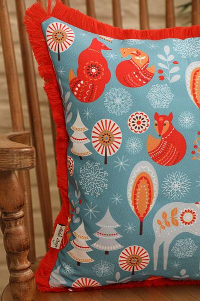 Aisha's Design Scandinavian New Year's Patterned Throw Pillow Cover with Fringed Deer on the Edges 45X45 Cm,K-407