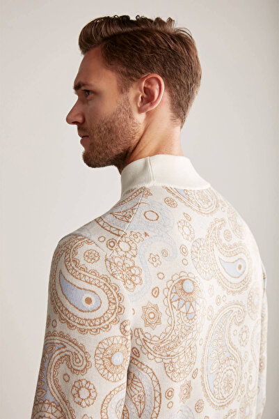 Hemington Paisley Desen Extrafine Merino Yarım Balıkçı Yaka Ekru Triko