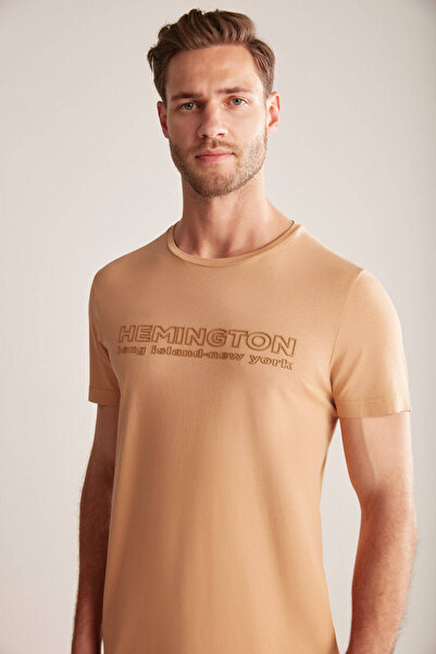 Hemington Embossed Printed Sand Color Pima Cotton T-Shirt
