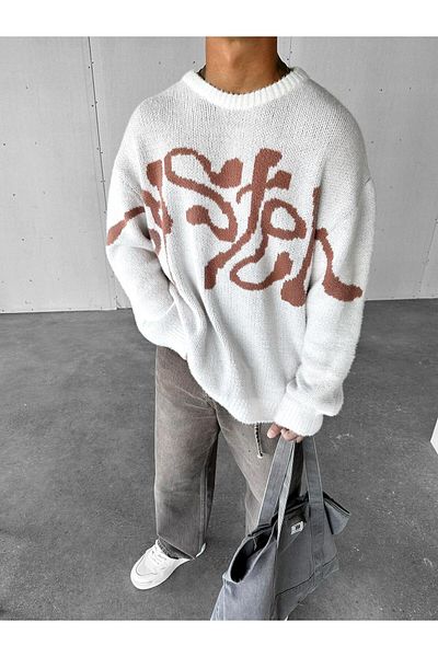 ablukaonline Ανδρικό πουλόβερ με σχέδια Oversize - Στρογγυλή λαιμόκοψη, Κρεμ