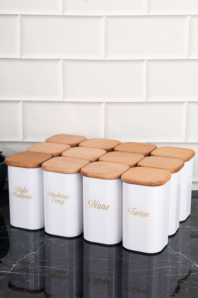 DNS HOME Pack of 12 300 ml Vacuumed Bamboo Wooden Lid Porcelain Look Acrylic Spice Rack with Label Gift