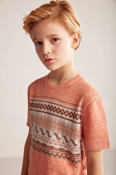 Hemington Linen Cotton Blend Ethnic Pattern Orange Children's Knitwear T-Shirt