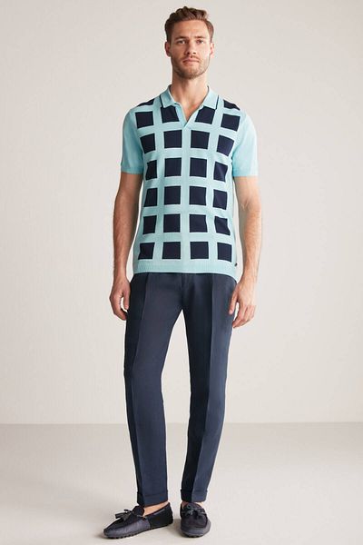 Hemington Square Patterned Giza Cotton Blue Knitwear Polo