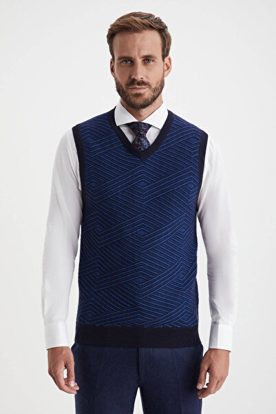 Hemington Çizgi Desen Lacivert Lambswool Yün Triko Süveter