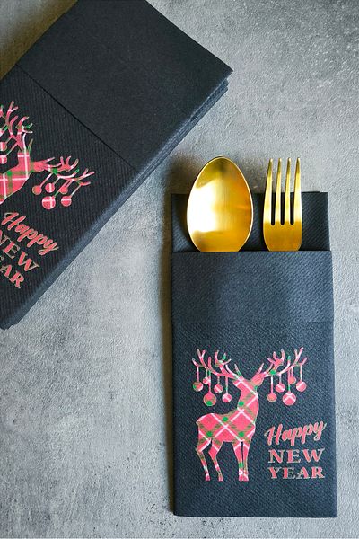 NapkinStore (Deer) Happy New Year Printed Airlaid Fabric Napkin Pocket 12 Pcs 40*40 1/8 Fold