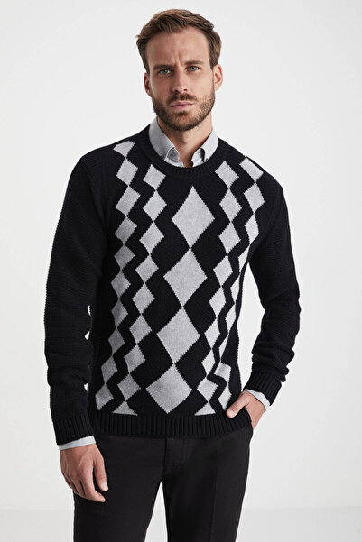 Hemington Baklava Desen Saf Kaşmir Siyah Kazak