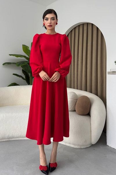 WOMAN VISION Women's Red Atlas Fabric Crew Neck Princess Sleeve Detail Midi Flared Dress 280