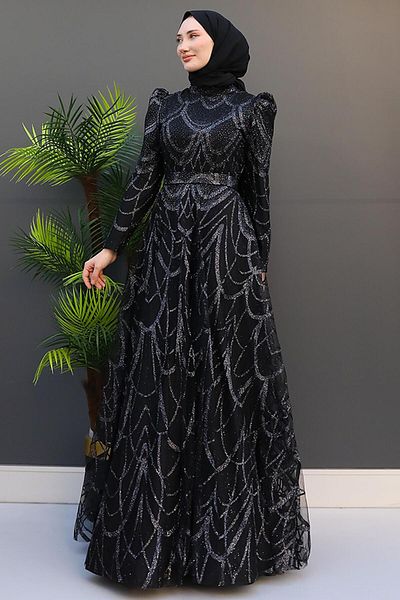 GİZ AGİYİM Black Hijab Evening Dress - Bunch