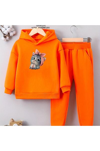 BENROMA Unisex Children's Tracksuit Set - Cute Cat Printed, Oversize Fit
