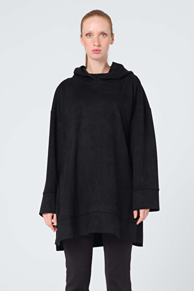 Monolou Nubuk Kumaşlı Kapüşonlu Yanları Yırtmaçlı Cepli Oversize Sweatshirt S...