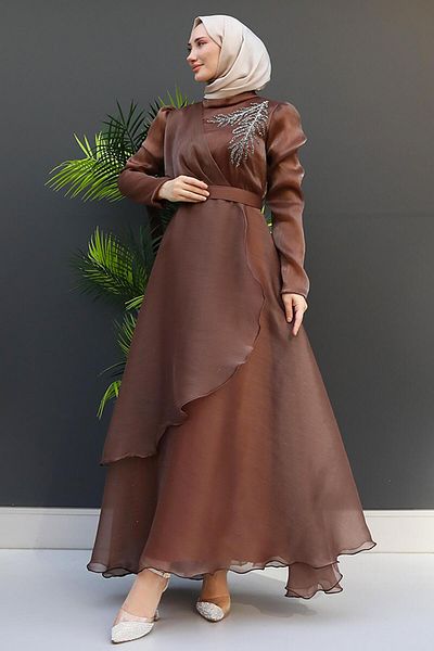GİZ AGİYİM Βραδινό φόρεμα Organza με λεπτομέρεια ανοιχτό καφέ πέτρα