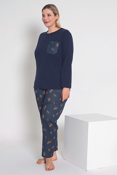 MyBen Navy Blue Tiger Patterned Long Sleeve Women's Pajamas Set - B-54