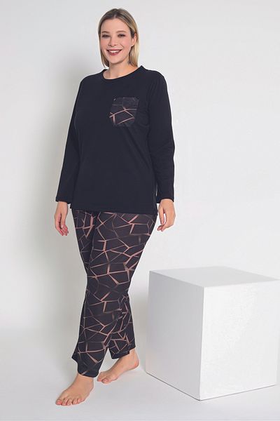 MyBen Geometric Patterned Black Long Sleeve Women's Pajamas Set - B-51