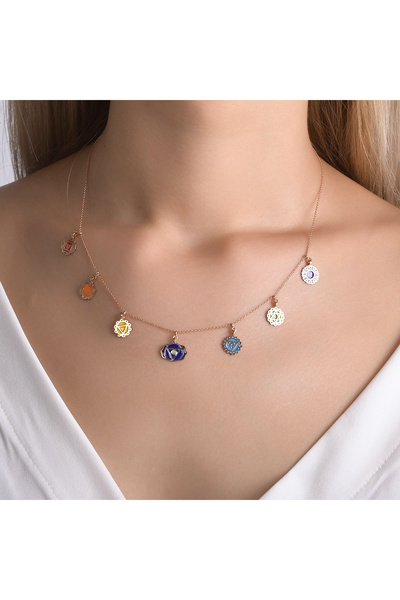 Ariş 7 Çakra Renkli Mineli Altın Kolye