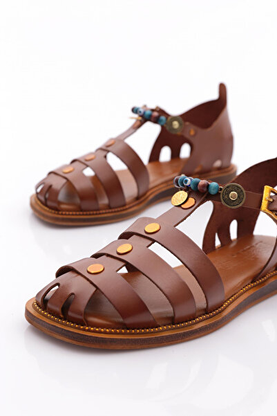 DGN Kadın Bilekten Bağlama Boncuklu Sandalet Taba 4173289