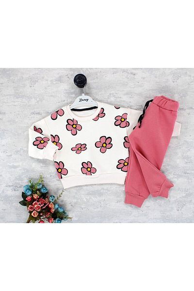 Bulut Baby Flowers Printed Bottom Top Baby Girl Sweatshirt Tracksuit Set
